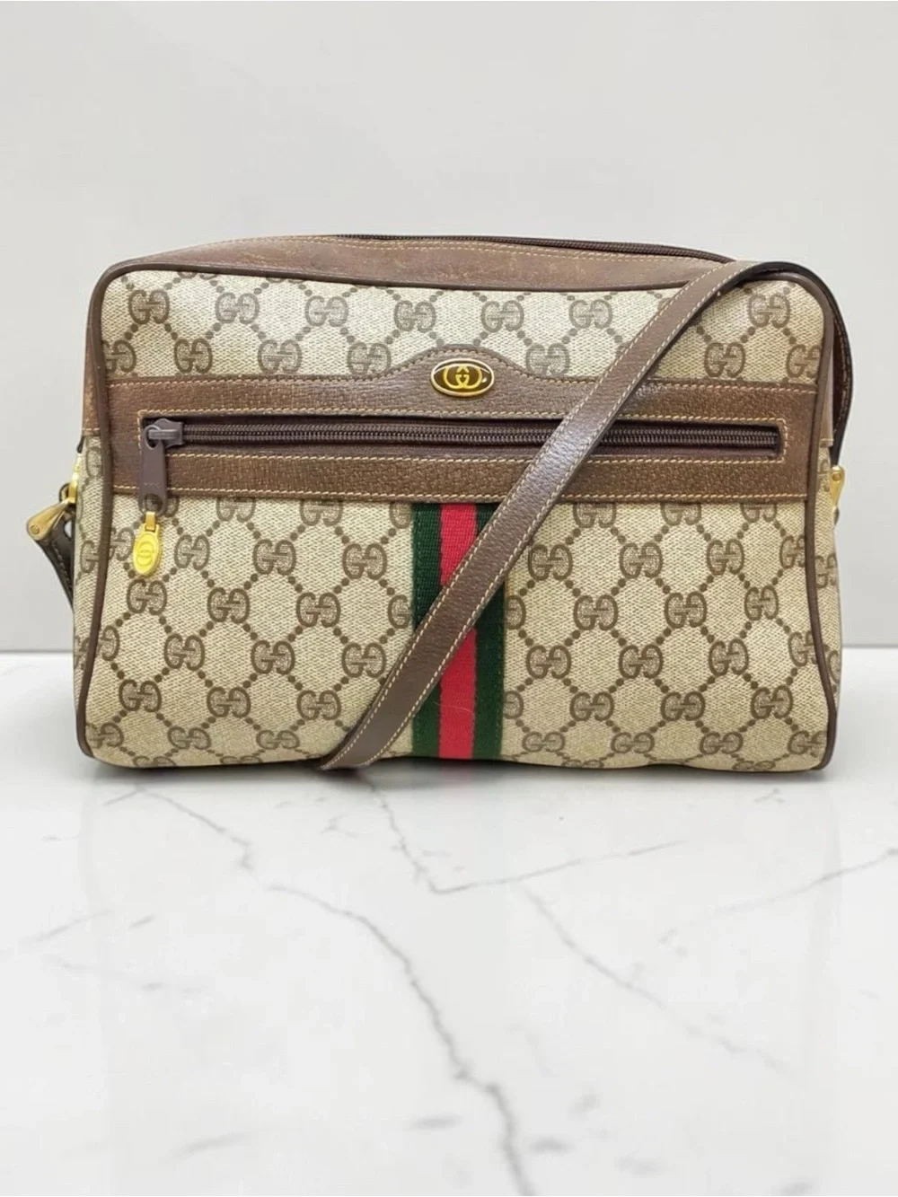 Vintage Gucci Monogram GG Supreme Web Stripe Camera Crossbody Bag
